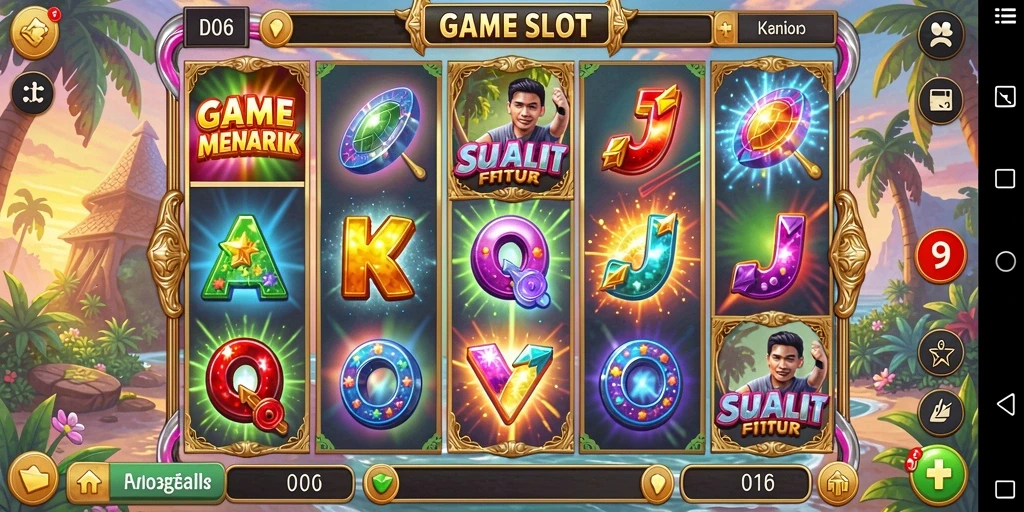 Tampilan gameplay menarik D06 dengan simbol Slot yang berwarna-warni.