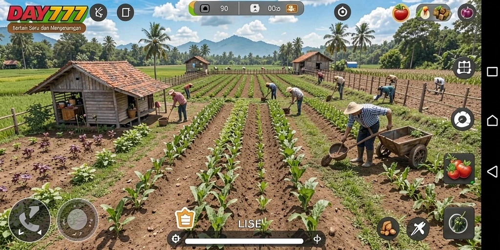 Gameplay seru DAY777 dengan aktivitas bertani yang menarik.