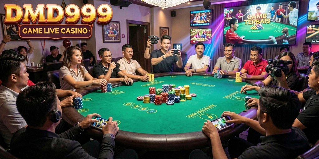 Tampilan permainan DMD999 dengan dealer langsung dan suasana kasino.