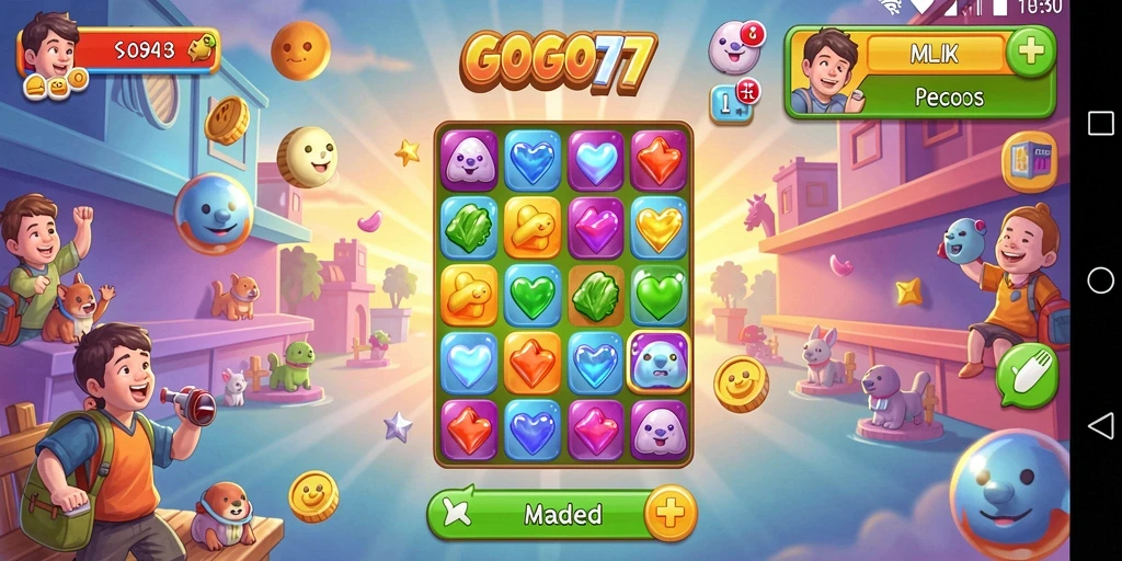 Tangkapan layar menunjukkan gameplay GOGO77 dengan berbagai objek berwarna-warni.