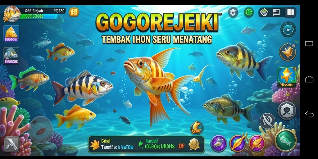 Gameplay seru GOGOREJEKI dengan berbagai ikan dan senjata.