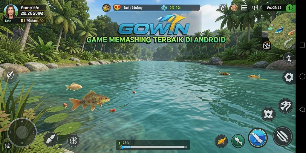 Screenshot gameplay GOWIN yang menunjukkan aksi memancing seru di danau.