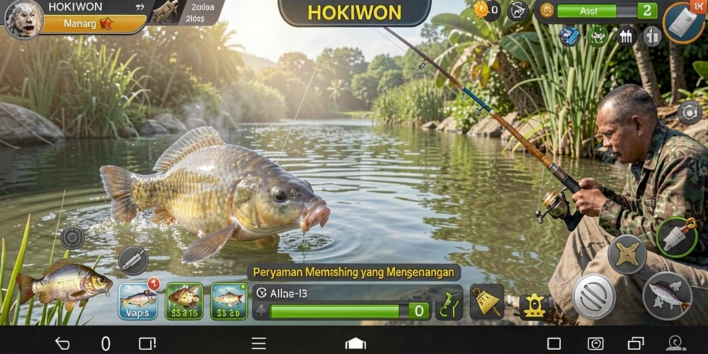 Screenshot HOKIWON yang menampilkan gameplay memancing yang seru dan menantang.