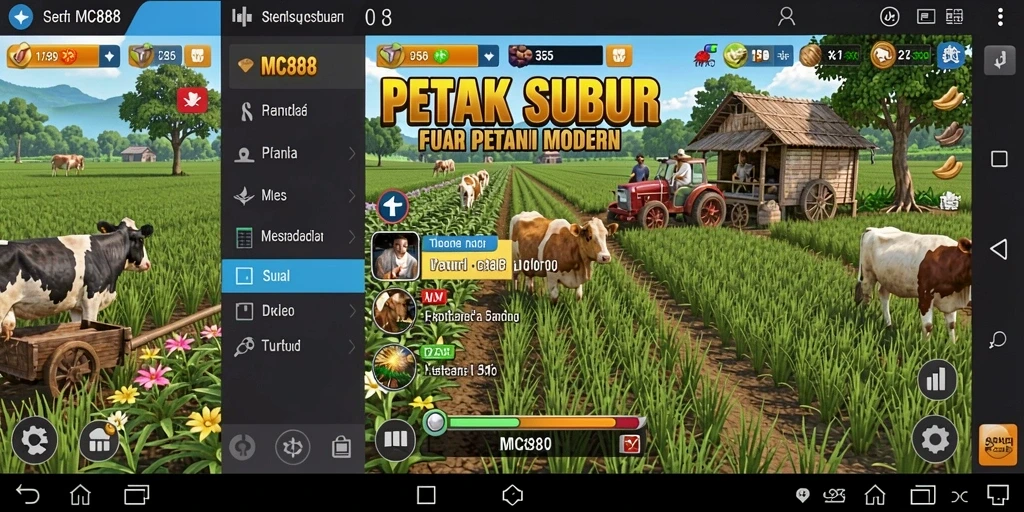 Screenshot gameplay menunjukkan ladang subur dengan berbagai tanaman.