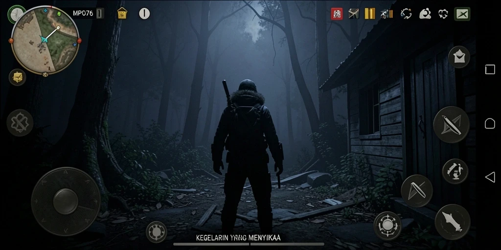 Tangkapan layar gameplay MPO76 dengan suasana seram dan mencekam.