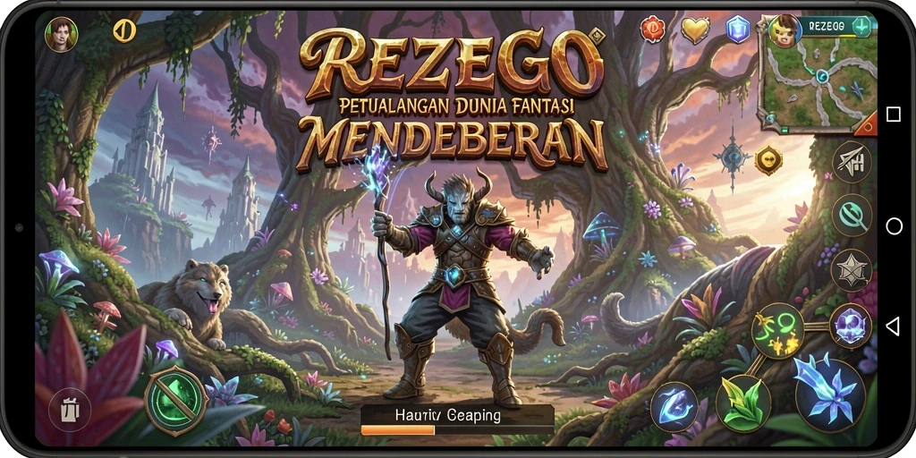 Screenshot gameplay REZEGO menampilkan pertarungan seru di dunia fantasi.