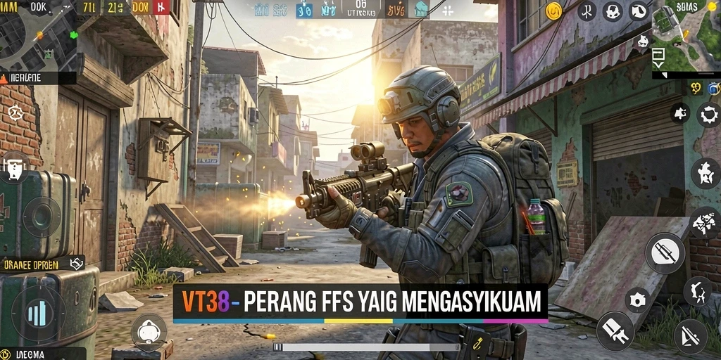 Screenshot gameplay VT38 dengan aksi tembak-menembak yang mendebarkan.