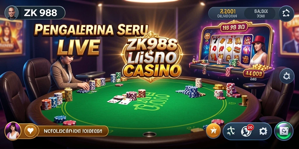 Screenshot gameplay ZK988 menampilkan dealer langsung dan suasana kasino yang hidup.